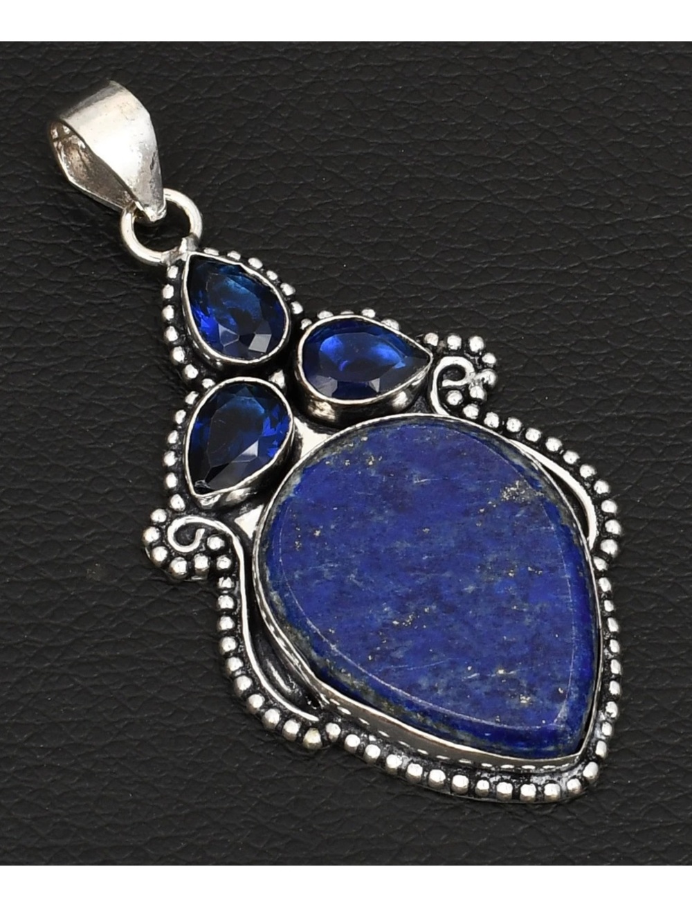 New! Lapis Lazuli Gemstone and Blue Tanzanite Crystal Teardrop Silver Pendant